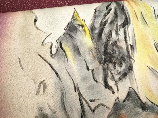 平和屋着物▼榎木孝明 太鼓柄袋帯 手描き 遠山文 銀通し地 正絹 逸品 AABF7904wj - Image 3