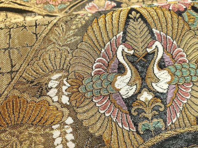 平和屋着物▼六通柄袋帯 松竹梅 向かい鶴 黒地 金糸 正絹 逸品 AABF7931wj - Image 3