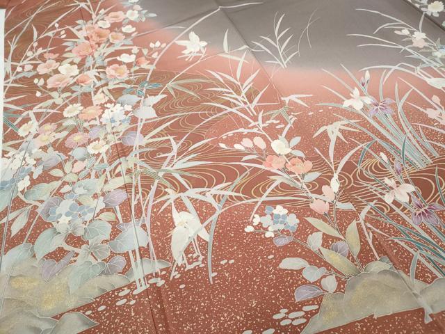 平和屋着物●訪問着 鷺流水草花文 金彩 正絹 逸品 CABD0221ut - Image 4