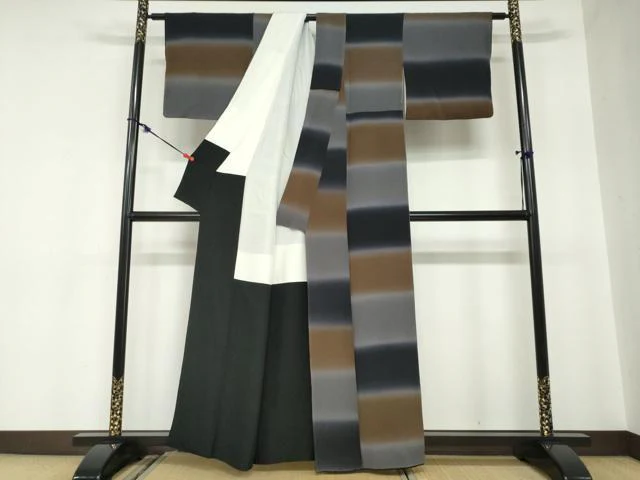 平和屋着物●上質な小紋 横段文 鬼しぼ縮緬 正絹 逸品 DABB0992ud - Image 3