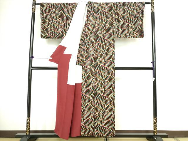 平和屋着物■上質な小紋 立波文 黒地 正絹 逸品 DABC0450sf - Image 3