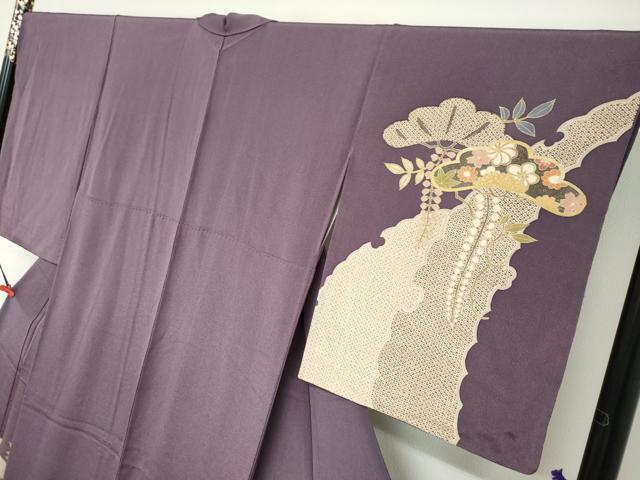平和屋着物●訪問着 草花松文 金彩 鬼しぼ縮緬 正絹 逸品 DABC2079ud - Image 3
